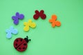 Ladybug and multicolored butterflies on green paper