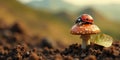A ladybug perched atop a vibrant toadstool in a tranquil garden setting. Generative AI Royalty Free Stock Photo