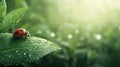 A ladybug perched on the edge of a green leaf, with sunlight filtering through the leaves creating dappled light and shadows, and