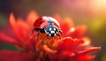 Ladybug on a red flower. Ladybird close-up. Selective focus. AI generated