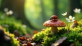 A ladybug rests on a vibrant toadstool amidst a lush carpet of moss and delicate wildflowers, bathed in the soft glow of sunlight Royalty Free Stock Photo
