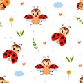 Ladybug seamless pattern. Cartoon ladybugs spring baby fabric print. Cute beetly, summer texture for nursery, wrapping