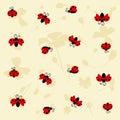 Ladybug seamless pattern, with light plants silhouettes