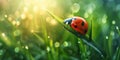 A ladybug is sitting on a blade of grass Royalty Free Stock Photo