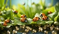 Ladybug sitting on a green leaf, dew drops glistening generated by AI Royalty Free Stock Photo