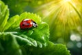 Ladybug is sitting on green leaf in the sunlight. Generative AI Royalty Free Stock Photo