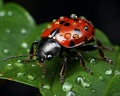 a ladybug sitting on a green leaf with water droplets on it