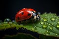 ladybug sitting on a leaf with dew drops