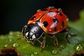 a ladybug sitting on a leaf with water droplets on it