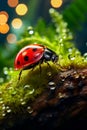 Ladybug sitting on moss covered tree branch. Generative AI Royalty Free Stock Photo
