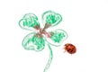 ladybug sitting on a white sheet with a four-leaf clover painted on it Royalty Free Stock Photo