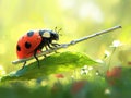 ladybug skillfully plays silver flute while perched on sunlit leaf. Soft red and green tones create serene atmosphere Royalty Free Stock Photo