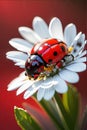 Ladybug, a small red beetle with black spots. It skillfully climbs on the delicate, white petal of a daisy, macro, closeup. Royalty Free Stock Photo