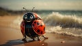 Ladybug stands, waves and smiles. The character