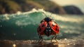 Ladybug stands, waves and smiles. The character Royalty Free Stock Photo
