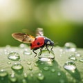 A ladybug takes off from a drop of water. Royalty Free Stock Photo