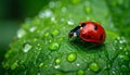Ladybug with red shell and black spots standing on green leaf covered in raindrops Royalty Free Stock Photo