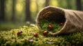 Ladybugs Crawling on Moss Emerging from a Burlap Sack in the Forest Royalty Free Stock Photo