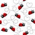 Ladybugs flying on dotted route seamless pattern Royalty Free Stock Photo