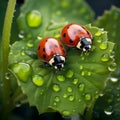 Ladybugs with Water Droplets on Lush Leaf, Detailing the Beauty of Insect Life in the Natural World Royalty Free Stock Photo