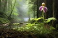 ladys slipper orchid growing in a serene woodland setting