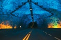 Laerdal Tunnel, Norway. Road On Illuminated Tunnel In Norwegian Mountains. Famous Longest Road Tunnel In World. Popular