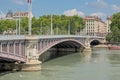 Lafayette bridge over river Rhone in Lyon, decorated with statues Royalty Free Stock Photo