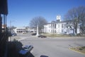 Lafayette County Court House in center of historic old southern town and storefronts of Oxford, MS