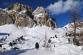 Lagazuoi mountain as seen from Passo Falzarego in winter, Dolomites, Cortina d`Ampezzo, Belluno, Veneto, Italy. Royalty Free Stock Photo