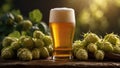 Lager beer with hop flowers in a rustic setting Royalty Free Stock Photo