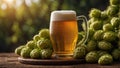 Lager beer with hop flowers in a rustic setting Royalty Free Stock Photo