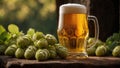 Lager beer with hop flowers in a rustic setting Royalty Free Stock Photo