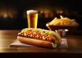 Lager beer and hot dog with fries on wooden table.Macro.AI generative