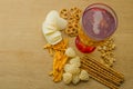 Lager beer and snacks on table. Nuts, chips, pretzel. Royalty Free Stock Photo