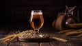 Lager in the glass on the table with wheat around