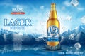 Lager light beer ads. Realistic premium beer in glass bottle on ice cubes and snow mountain background. 3d Vector