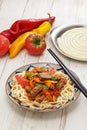Laghman, hand pulled noodles dish with lamb meat and vegetables Royalty Free Stock Photo