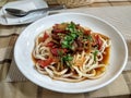 Lagman, a Kyrgyz dish, noodles with meat and vegetables