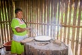 LAGO AGRIO, ECUADOR - NOVEMBER, 17 2016: Woman demonstrates cooking yucca tortillas in an indoors kitchen in a Siona