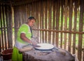 LAGO AGRIO, ECUADOR - NOVEMBER, 17 2016: Woman demonstrates cooking yucca tortillas in an indoors kitchen in a Siona