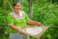 LAGO AGRIO, ECUADOR - NOVEMBER, 17 2016: Woman demonstrates cooking yucca tortillas in an outdoor kitchen in a Siona