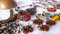 Necklaces and bracelets made from seeds by women from the Cofan Dureno millennium community located on the edge of the Aguarico Royalty Free Stock Photo