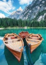 Lago di Braers lake, Dolomite Alps, Italy. Boats on the lake. Landscape in the Dolomite Alps, Italy. Royalty Free Stock Photo