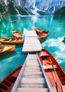 Lago di Braers lake, Dolomite Alps, Italy. Boats on the lake. Landscape in the Dolomite Alps, Italy. Royalty Free Stock Photo