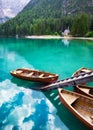 Lago di Braers lake, Dolomite Alps, Italy. Boats on the lake. Landscape in the Dolomite Alps, Italy. Royalty Free Stock Photo