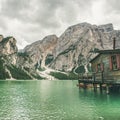 Lago di Braies in Fanes-Sennes-Braies Nature Park, Italy. Square crop