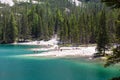 Lago Di Braies, Italy - June 1, 2018: View on the crystal clear lake with people on beach