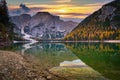 Lago di Braies lake in Dolomites at sunrise, Italy