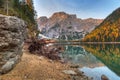 Lago di Braies lake and Seekofel peak, Dolomites. Italy