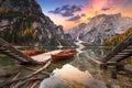 Lago di Braies lake and Seekofel peak at sunrise, Dolomites. Italy Royalty Free Stock Photo